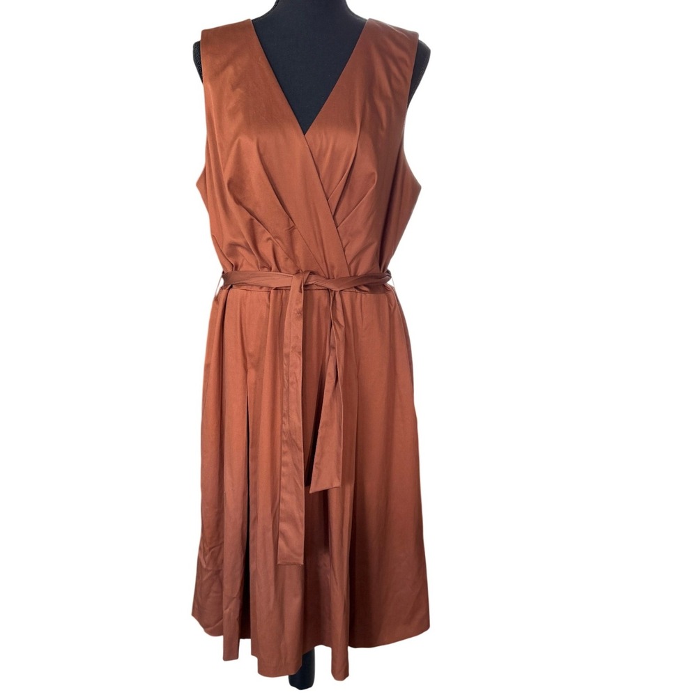 Alex Marie Dress Orange Brown Wrap V-Neck Sleeveless Midi Size 14 Office